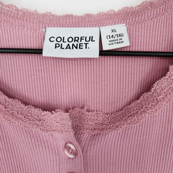 Colorful Planet Womens Ribbed Henley Top Size XL Mauve Lace Trim Y2K‎ Retro 90s - Picture 3 of 7